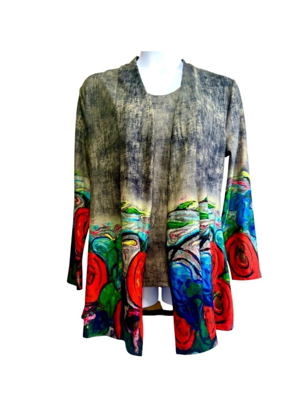 High Secret 2 Piece Open Cardigan Tank Set Womens L Abstract Floral Art to Wear
